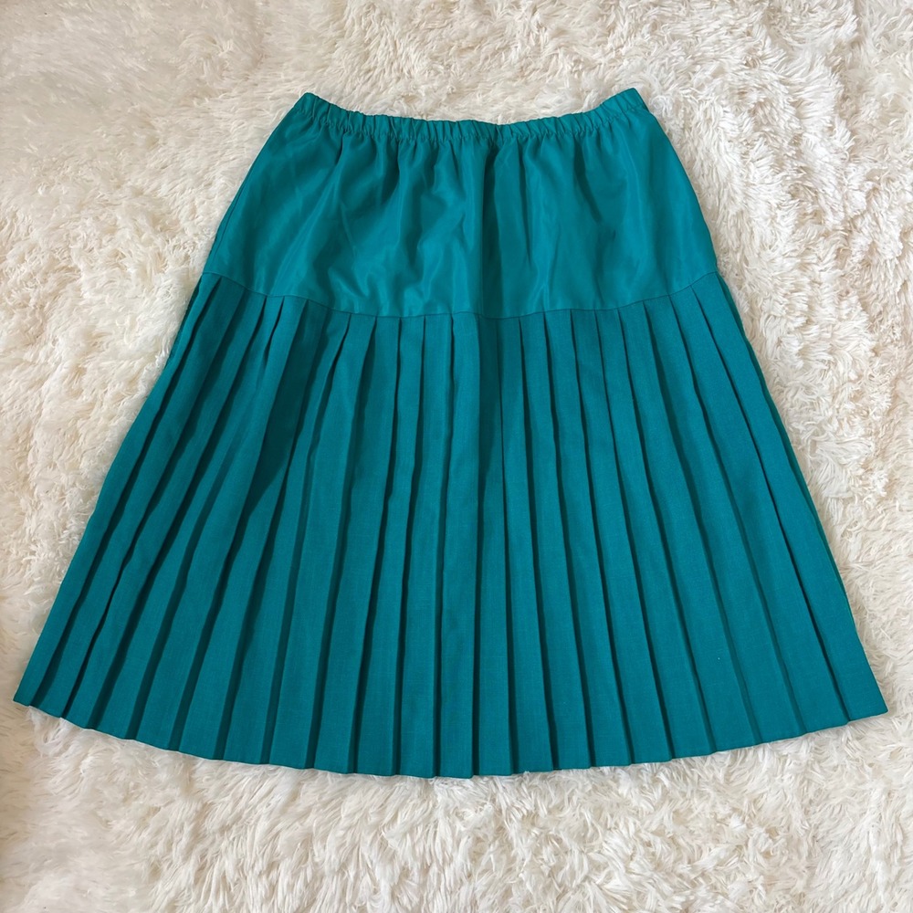 Vintage Teal Green Pleated Midi Skirt Sheer Top Panel Elastic Waist Retro A-Line